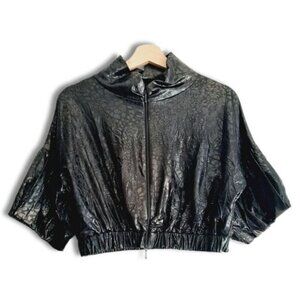 CARTISE Crinkle Shiny Tonal Leopard Pattern Crop Full-Zip Jacket Black Sz 6